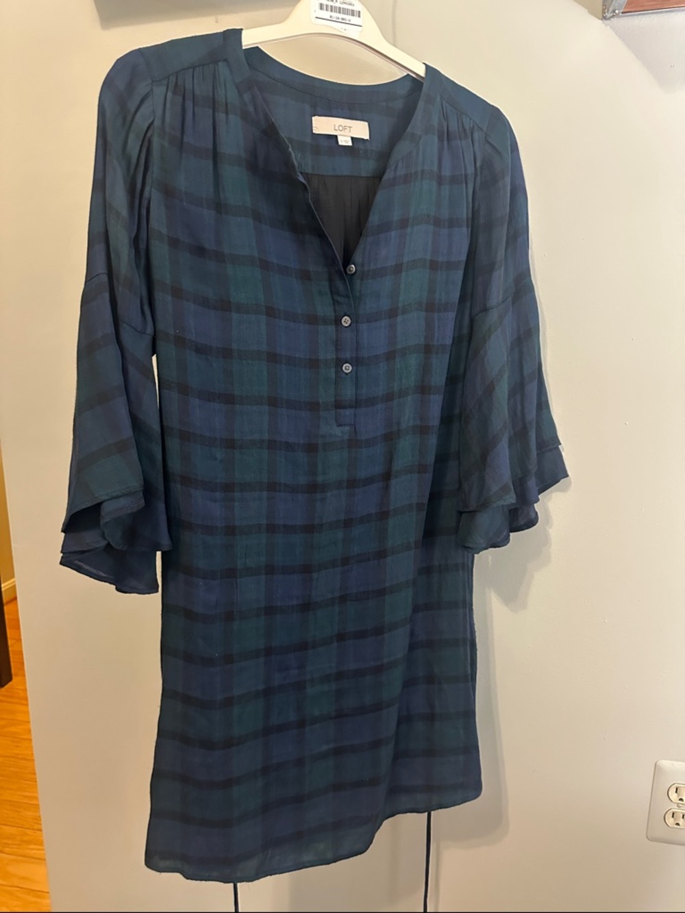 LOFT Navy and Green Plaid Bell-Sleeve Tunic